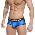Blue metallic metroMaleWear active boxer briefs with black elastic waistband and branded logo for comfortable wear