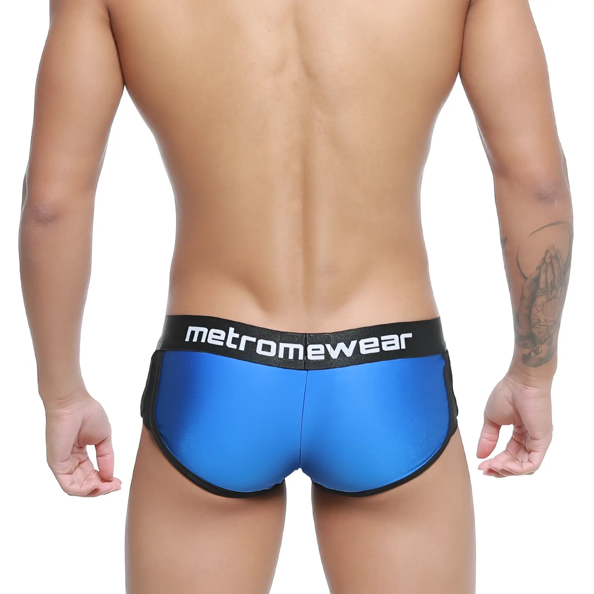 Blue metallic briefs with black trim and metromewear logo waistband from metromalewear active boxer royal blue 3327-18