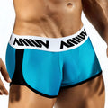 Blue and black MetroMaleWear active boxer briefs with white waistband and bold black lettering for athletic use