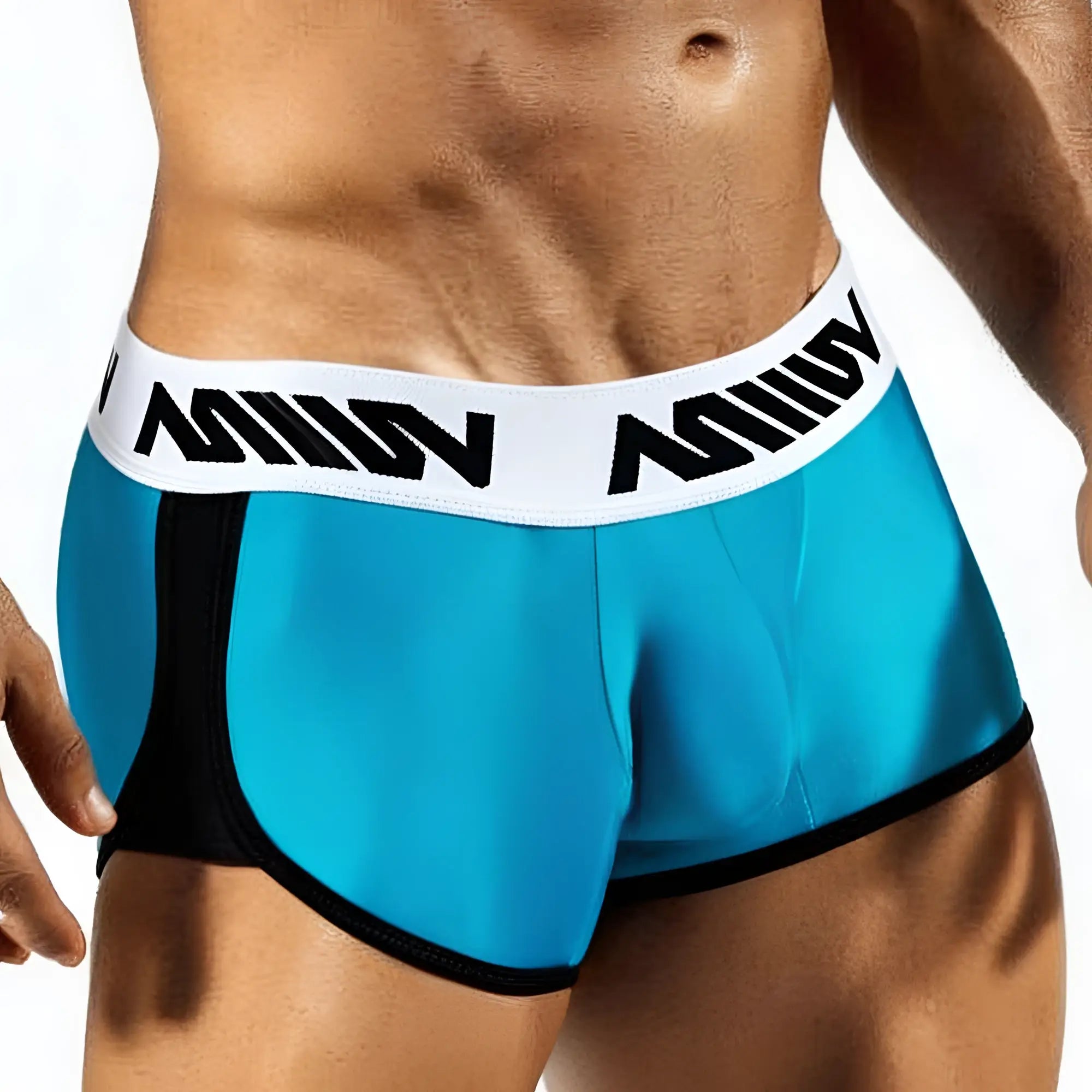 Blue and black MetroMaleWear active boxer briefs with white waistband and bold black lettering for athletic use