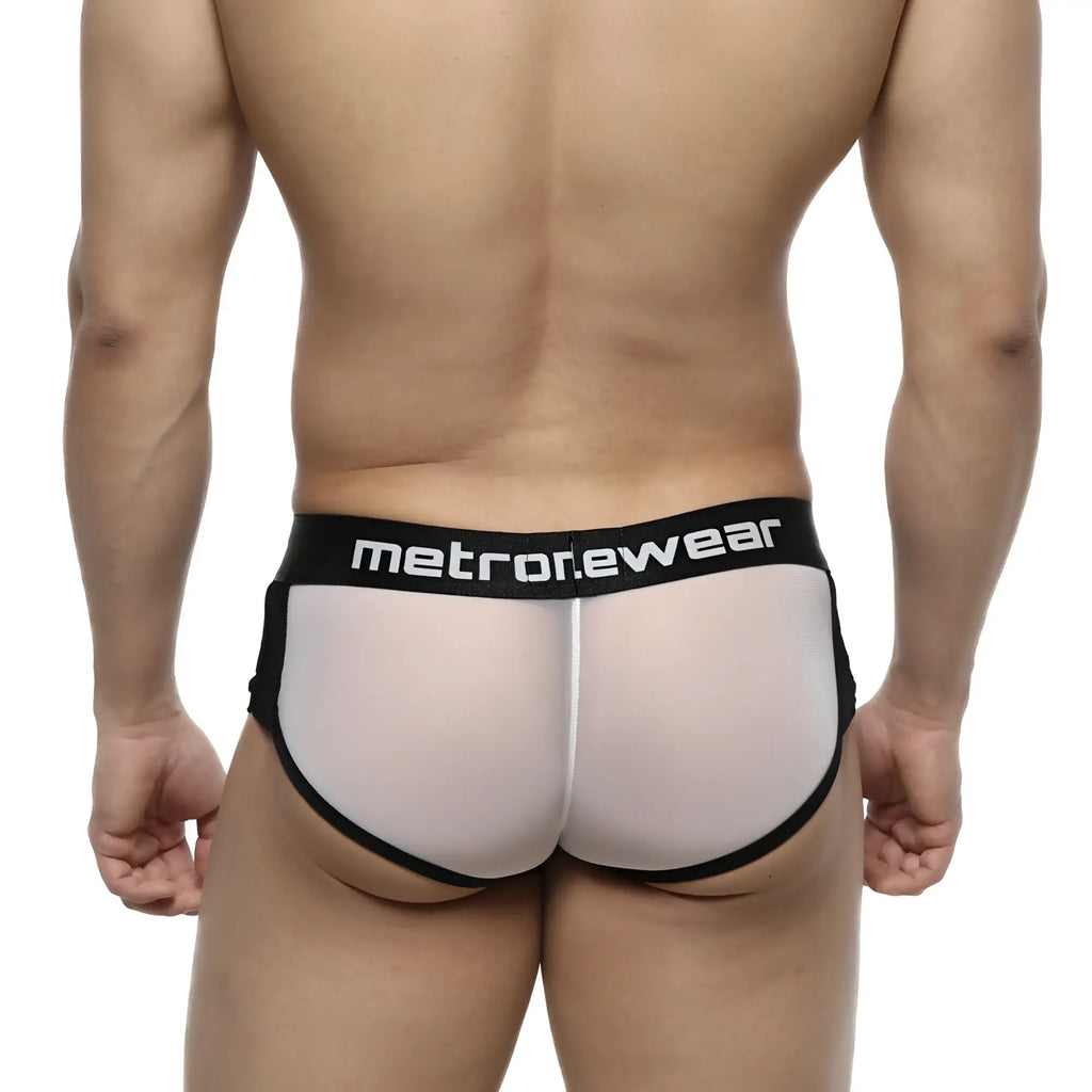 Black and white mesh briefs with metrorewear branded waistband from metromalewear active boxer 3327-71
