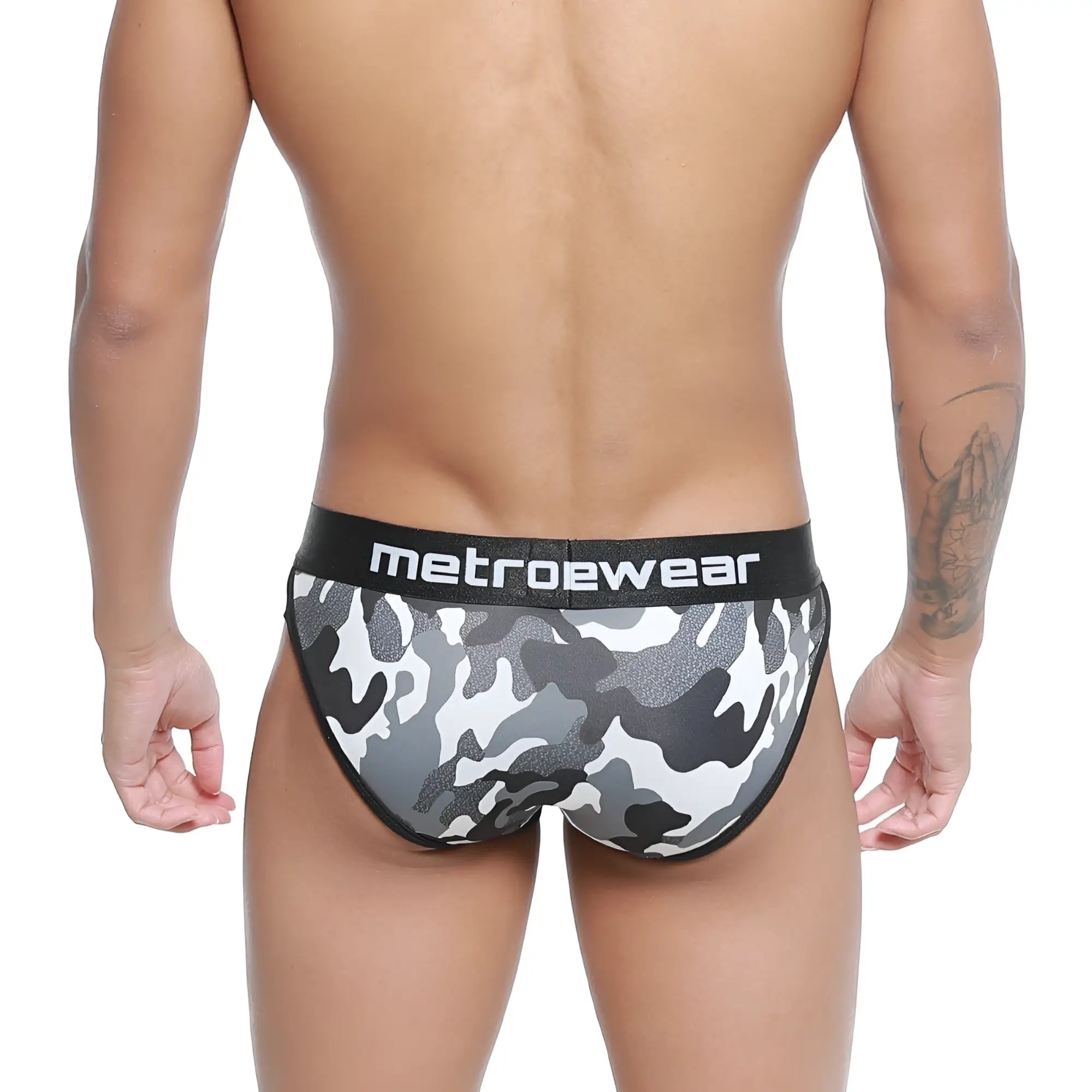 MetroMaleWear active brief camo 3303-60 in black and gray camouflage with black waistband and white metroewear logo