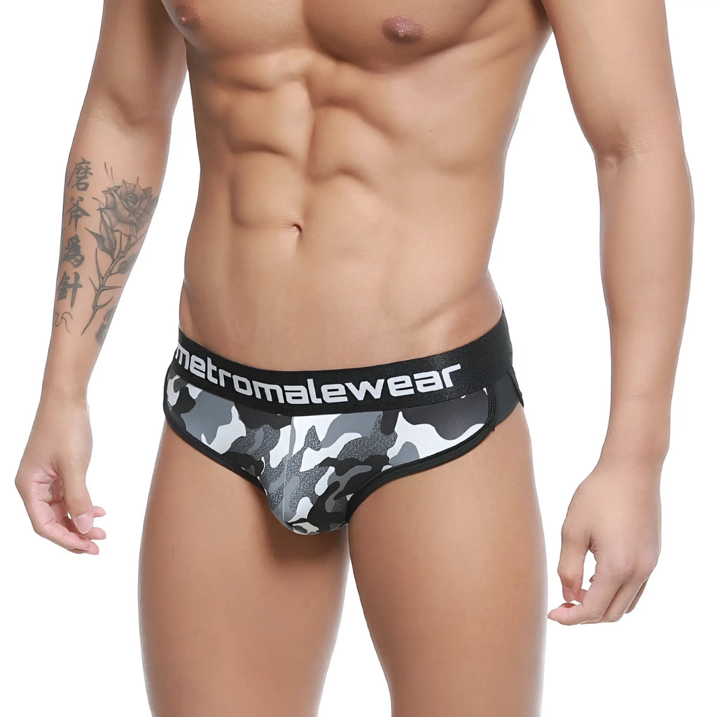 Men’s black and gray camouflage briefs with black elastic waistband featuring metromalewear branding active comfort design