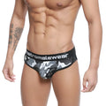 Men’s black and gray camouflage briefs with black elastic waistband featuring metromalewear branding active comfort design