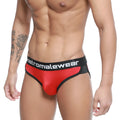 Red and black metromalewear active briefs with shiny form-fitting design for comfortable activewear use