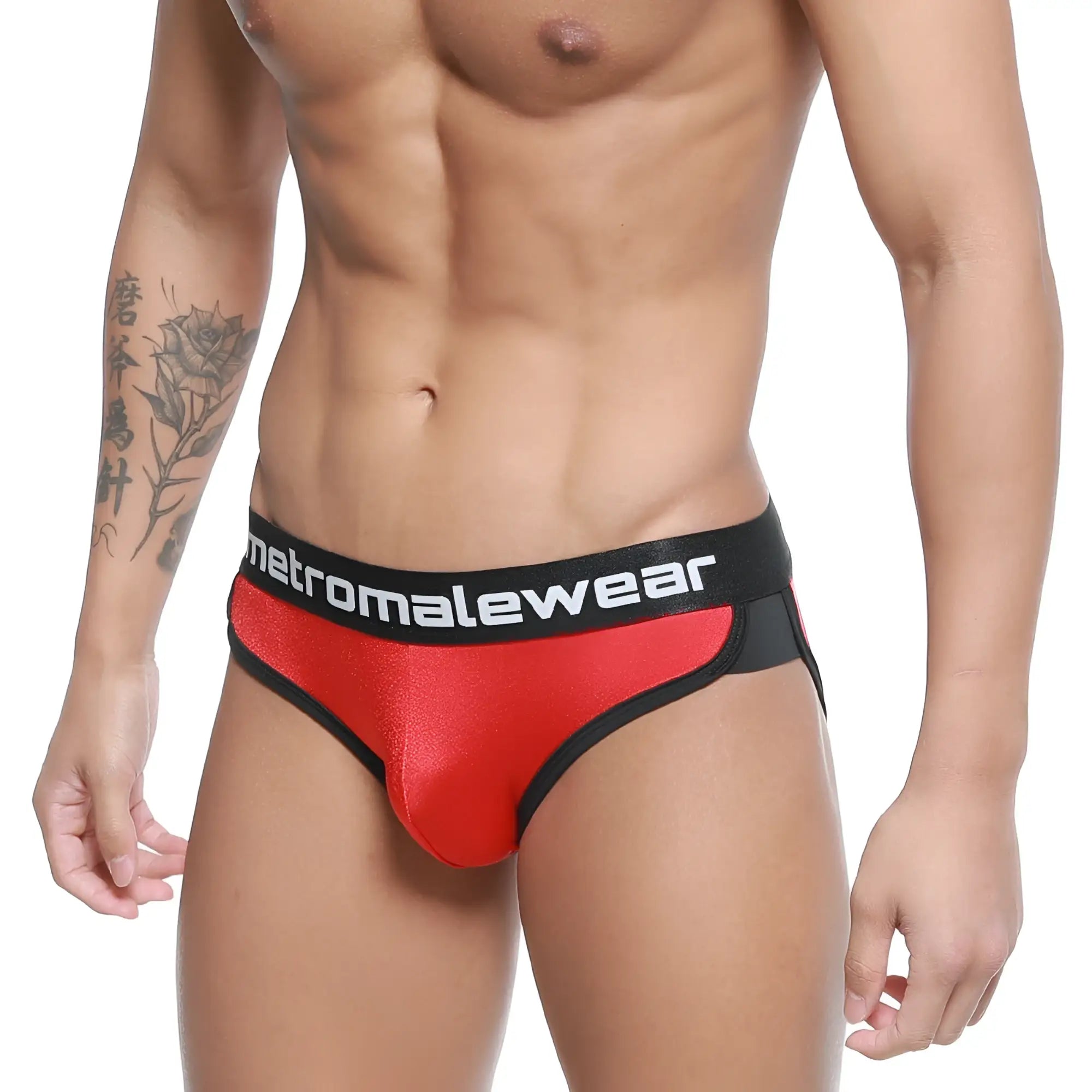 Red and black metromalewear active briefs with shiny form-fitting design for comfortable activewear use
