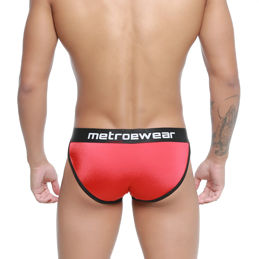 MetroMaleWear active brief red 3303-12 featuring red metallic fabric with black trim and metrowear logo waistband