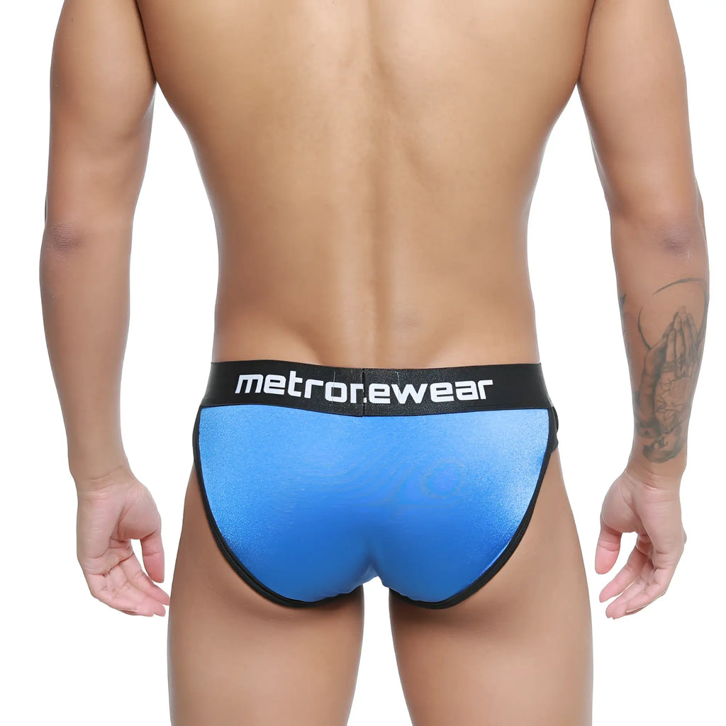 MetroMaleWear active brief royal 3303-18 blue metallic fabric with black waistband featuring metrowear logo