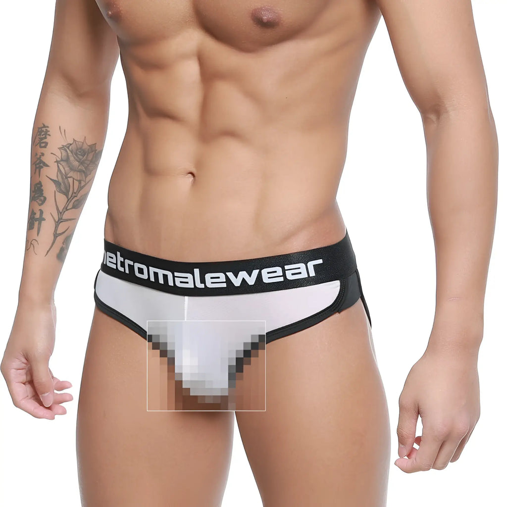 Black and white mens active briefs with etromalewear branded waistband made from white mesh material