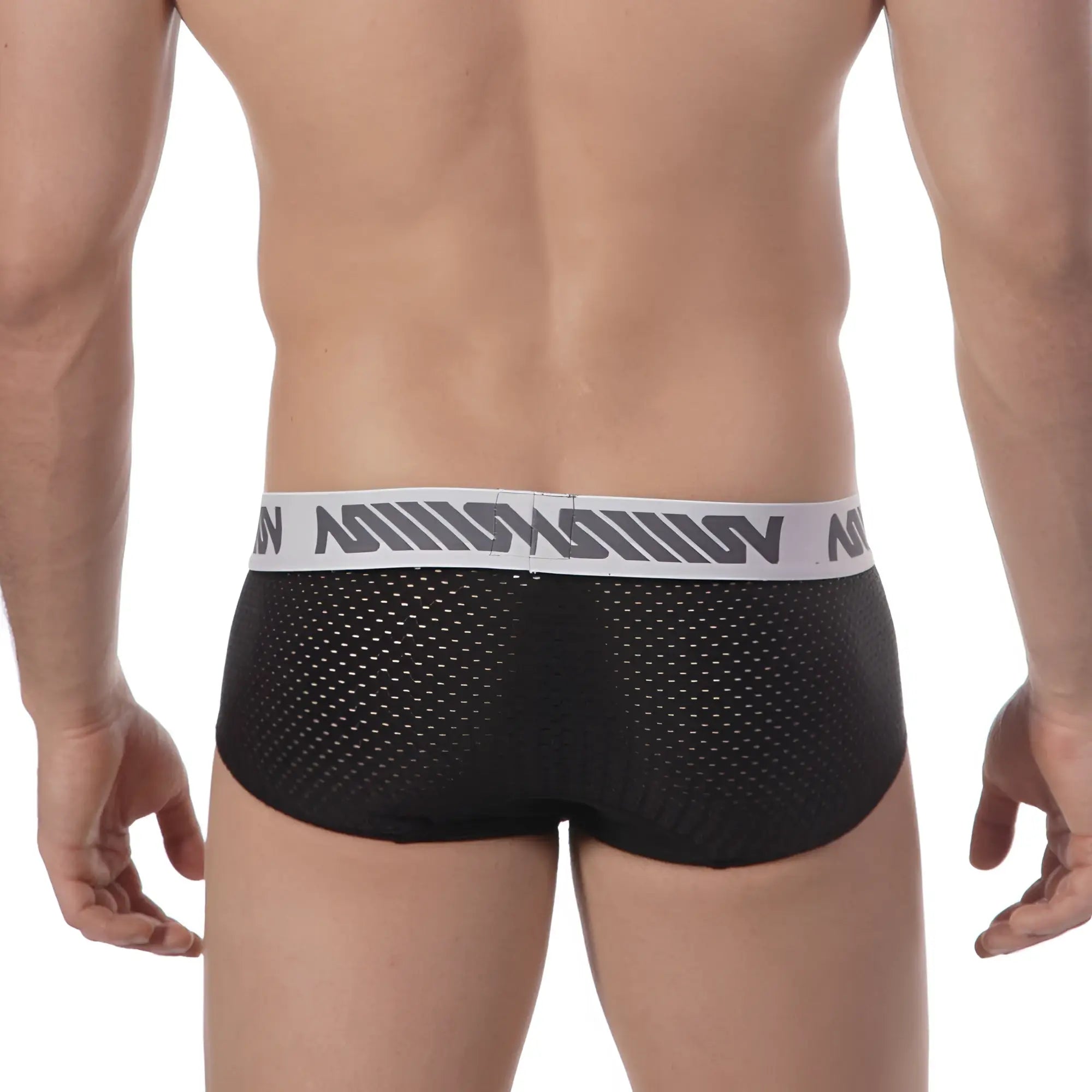 Black mesh briefs with white elastic waistband and gray lettering metroMalewear active mesh hip brief black 5006-20