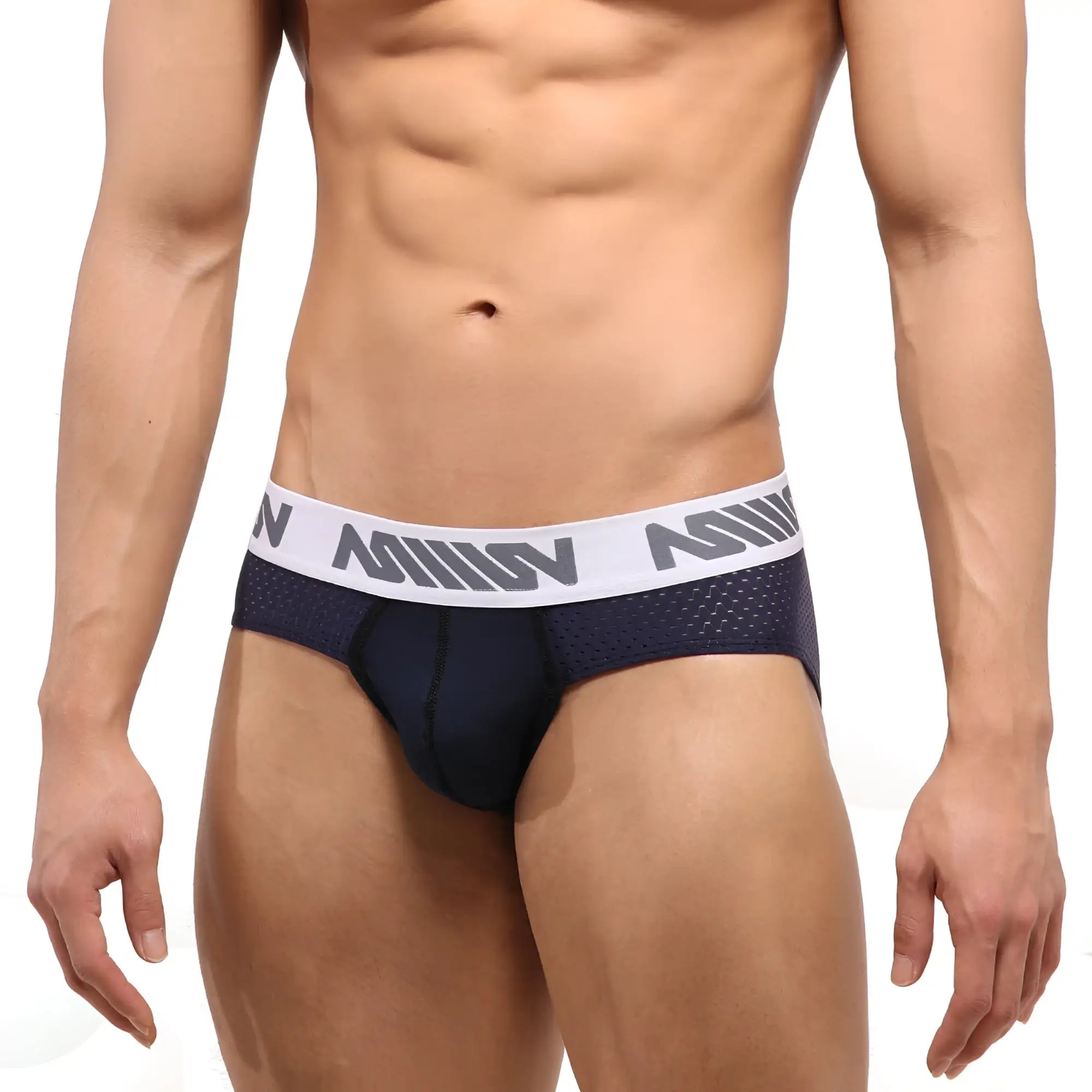 MetroMaleWear active mesh hip brief navy with white elastic waistband and gray miiow branding in size 5006-28