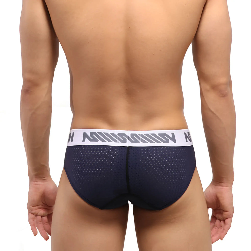 Navy blue mesh briefs with white elastic waistband and gray n branding MetroMaleWear active mesh hip brief 5006-28