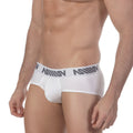 White mesh briefs with a gray branded waistband metroMalewear active mesh hip brief white 5006-00