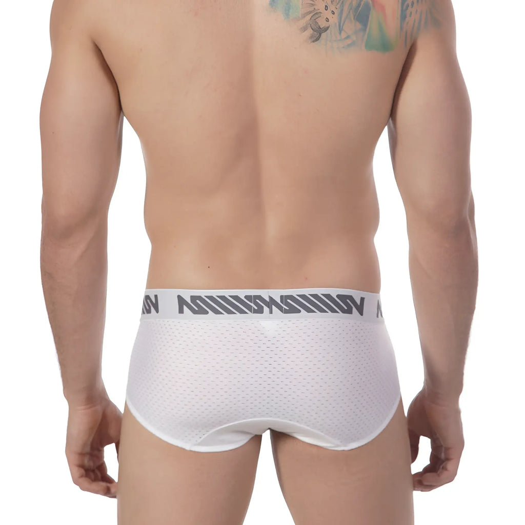White metro male wear active mesh hip brief with gray logo band waistband made of breathable mesh material