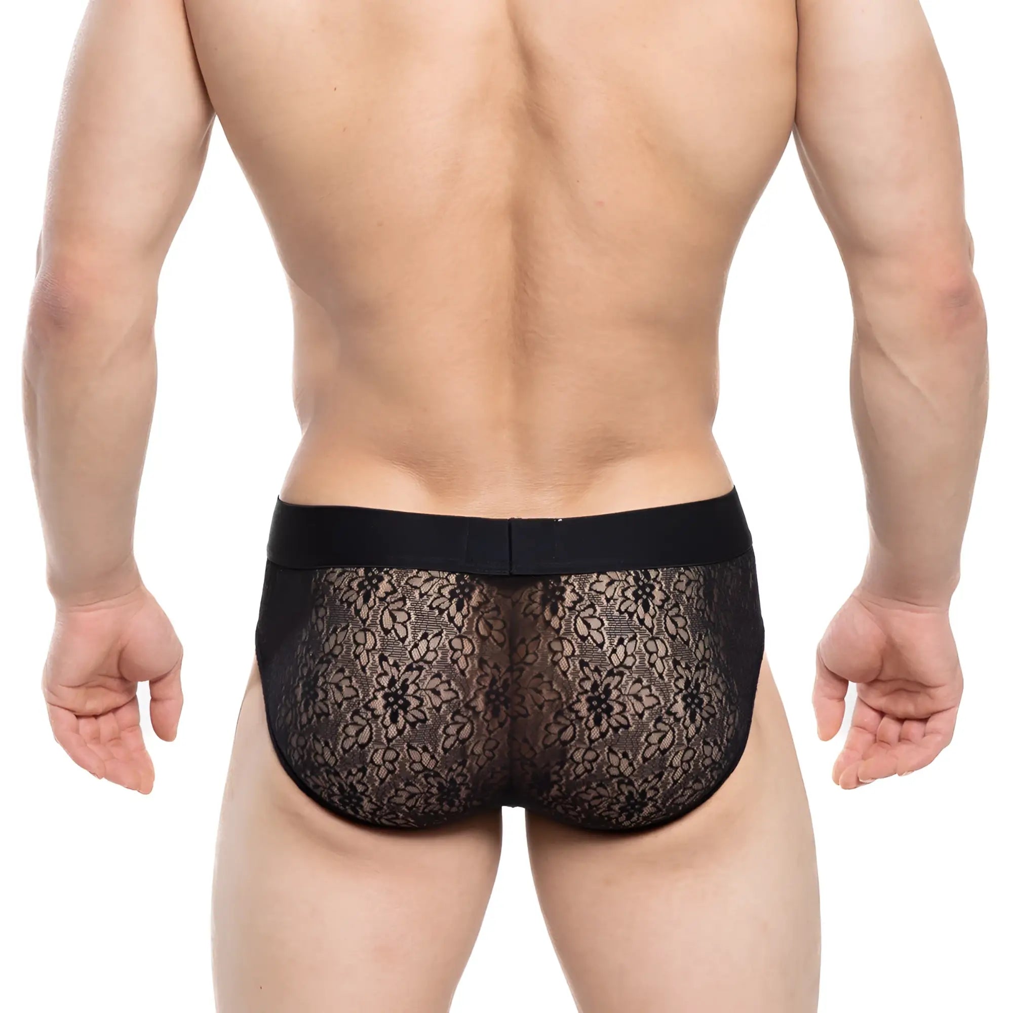 Black lace briefs with floral pattern and solid black elastic waistband by MetroMaleWear Agnes Brief Black 5003-34