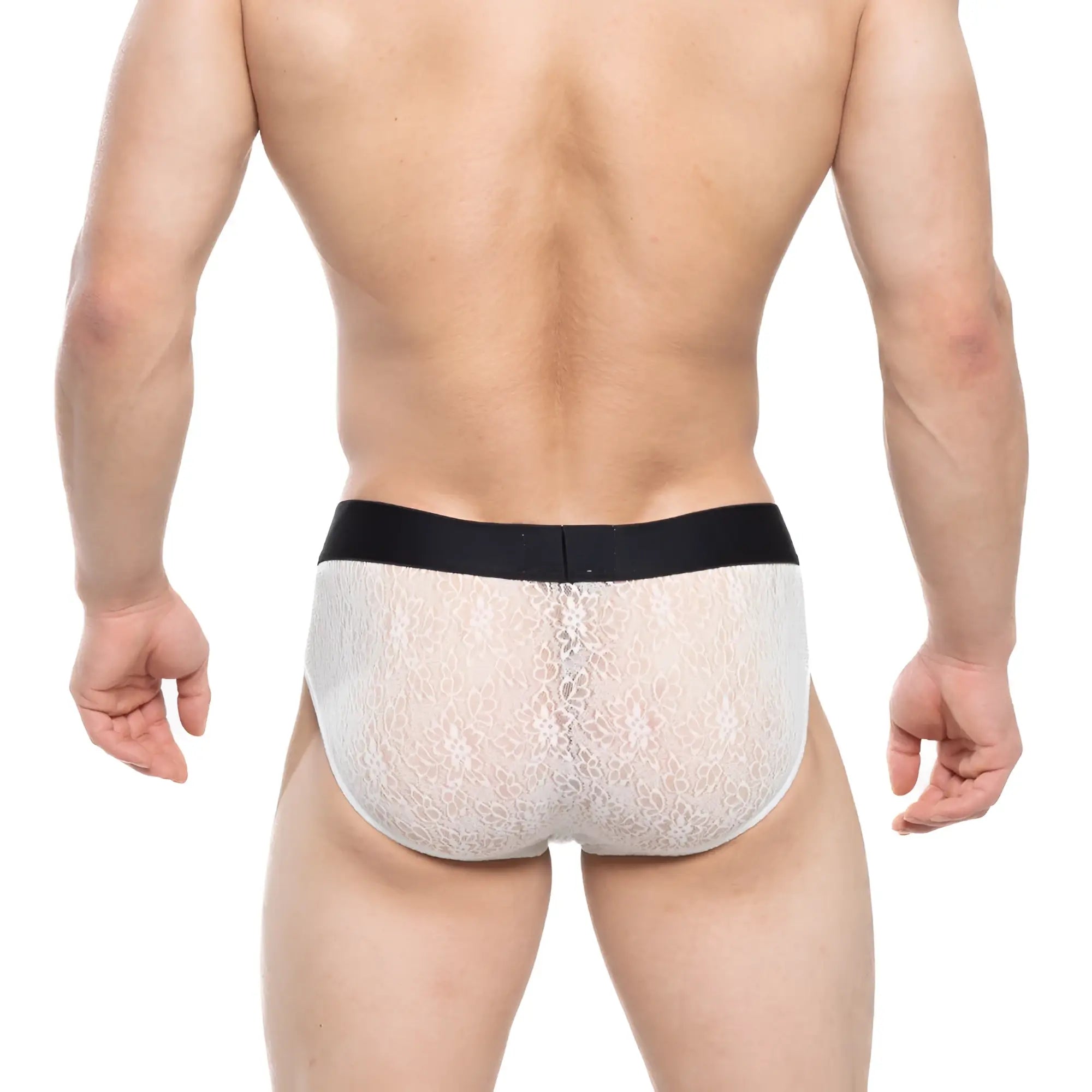 White lace briefs with black elastic waistband from metromalewear agnes brief ivory 5003-32 product line