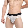 White lace men’s briefs with black london waistband metro malewear agnes brief ivory 5003-32 front view