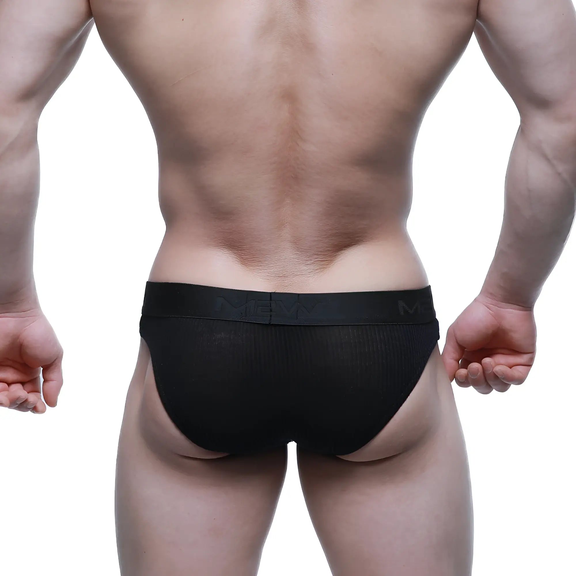Black mesh briefs with solid waistband featuring m logo metroMaleWear air brief 3803-20 front view