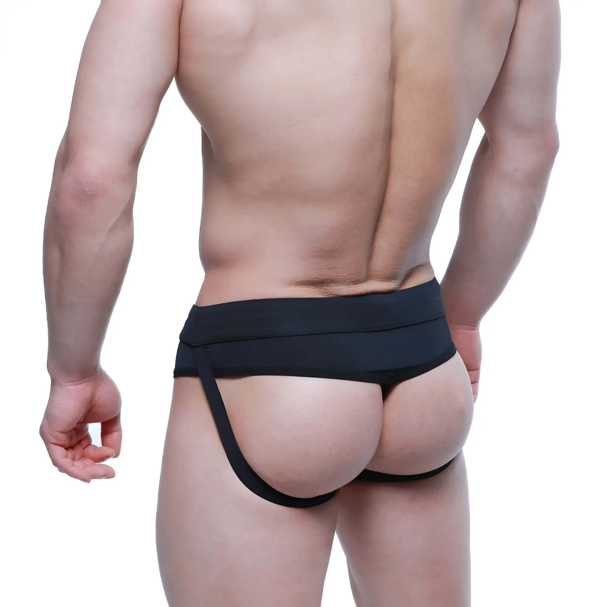Black elastic waistband briefs with a single wide strap down the back metro malewear ajax jock thong black 2711-20