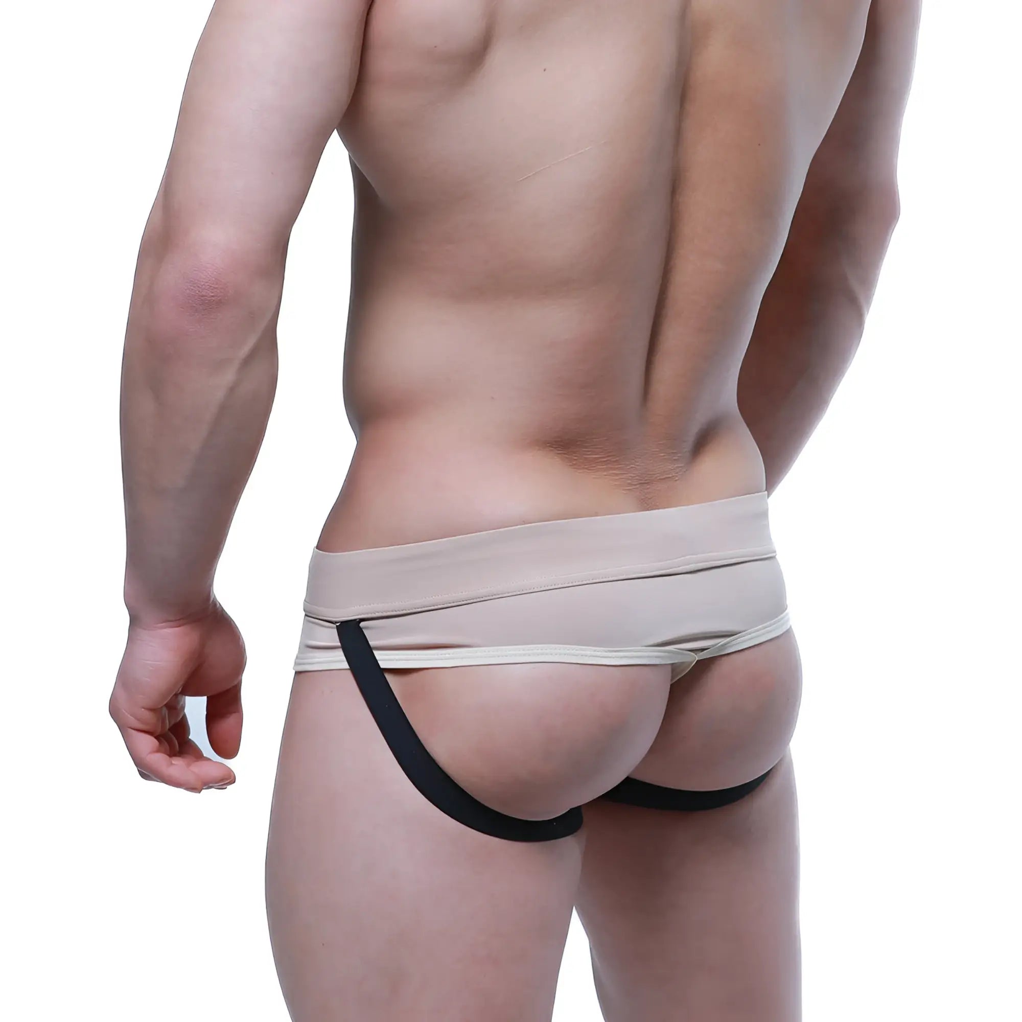 Beige and black metroMalewear ajax jock thong with sleek form-fitting design for athletic use