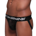 Black chromalewear briefs with a white metroMalewear logo on the waistband in alba jock strap style