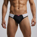 Black and white mesh-trimmed briefs with red mission label from metromalewear alcala thong black 7102-20