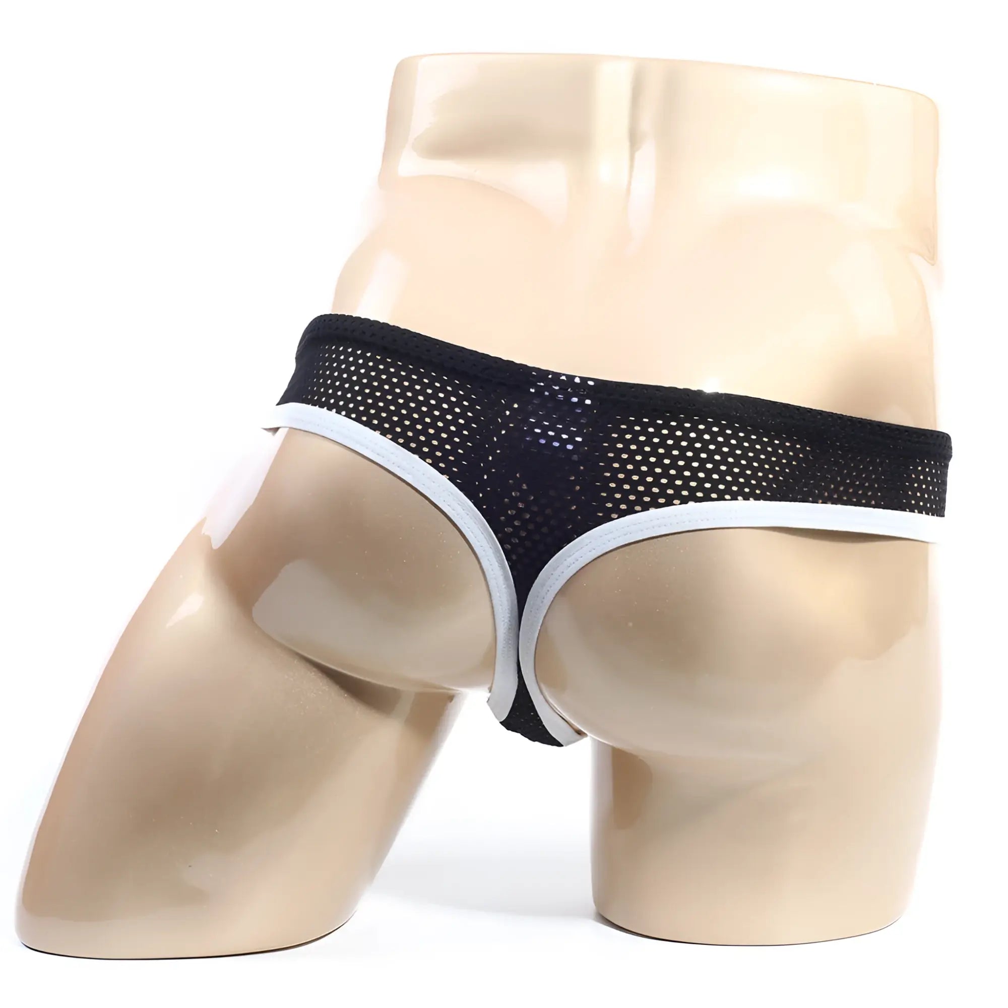 Black mesh briefs with white trim from metromalewear alcala thong white 7102-00 showing front view