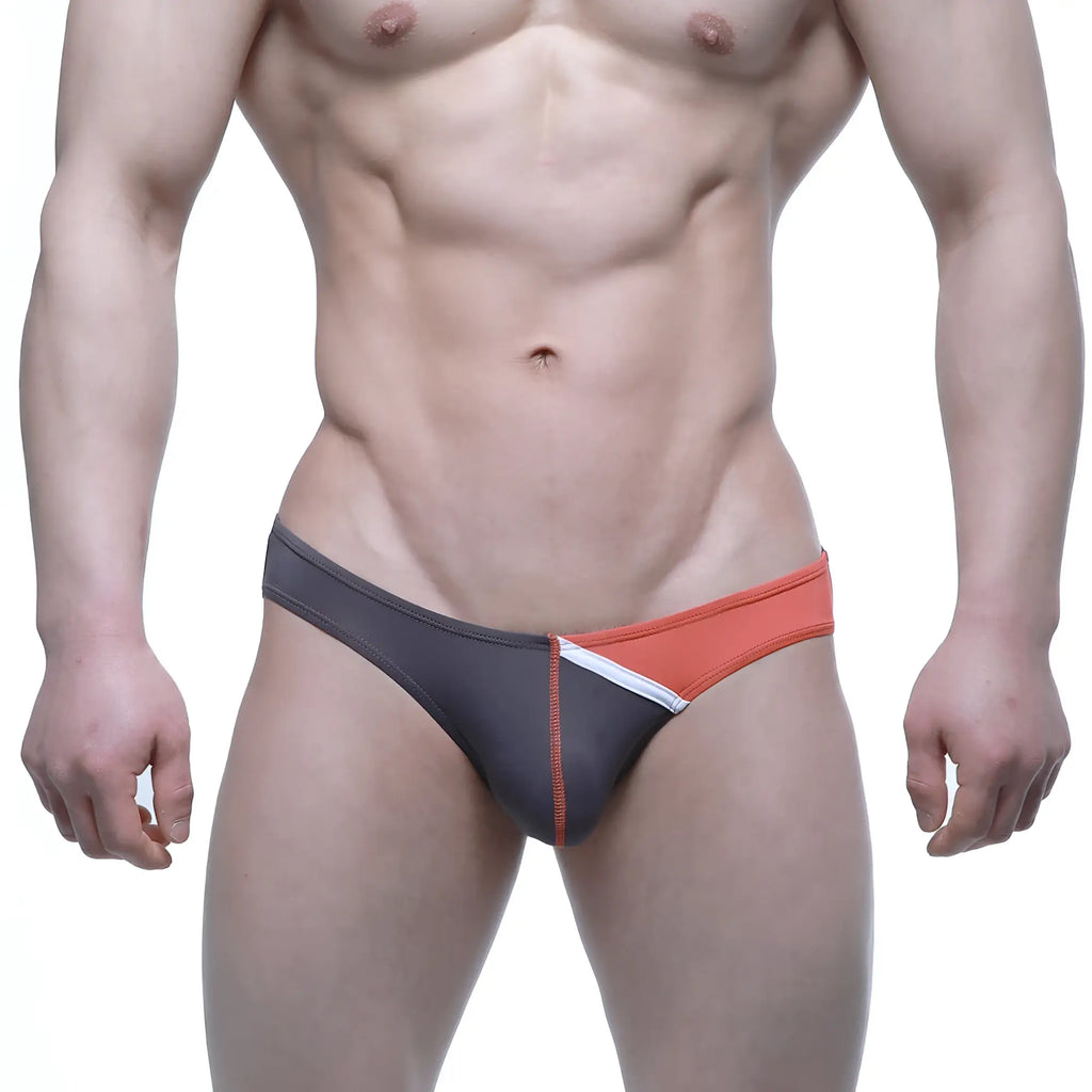 MetroMaleWear Alegria thong charcoal 1322-51 gray and orange athletic briefs with white stripe accent front view