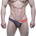 MetroMaleWear Alegria thong charcoal 1322-51 gray and orange athletic briefs with white stripe accent front view