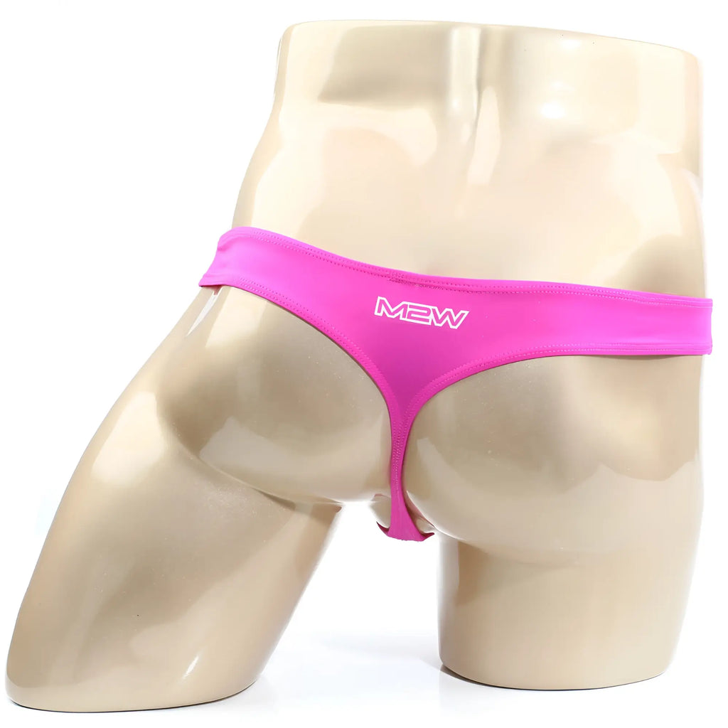 Bright pink MetroMaleWear Alegria thong made of smooth stretchy fabric with a sleek design shown from the back side