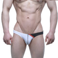 White and black MetroMaleWear Alegria thong athletic briefs with red accent stitching shown from the back