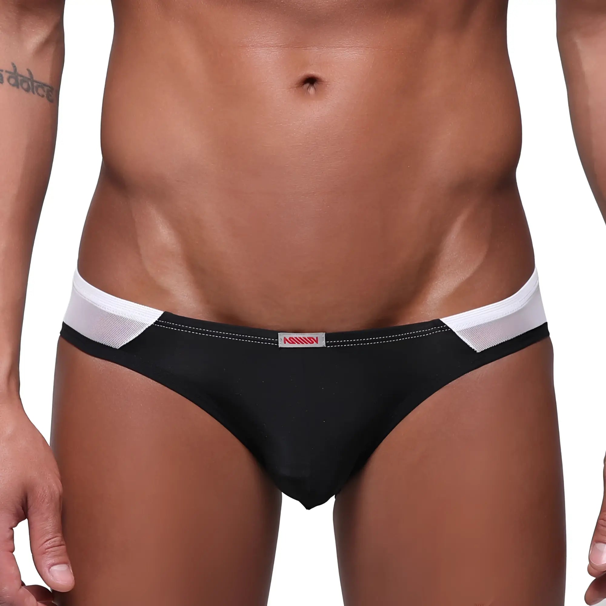 Metro male wear alexa bikini black mesh trimmed briefs with red nandi logo on waistband