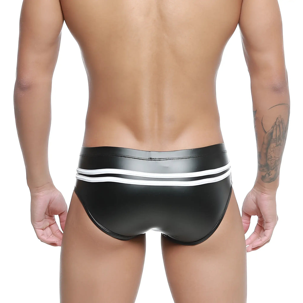 MetroMaleWear Alexander competition suit 4966-30 black shiny faux leather swim trunks with white waistband stripes