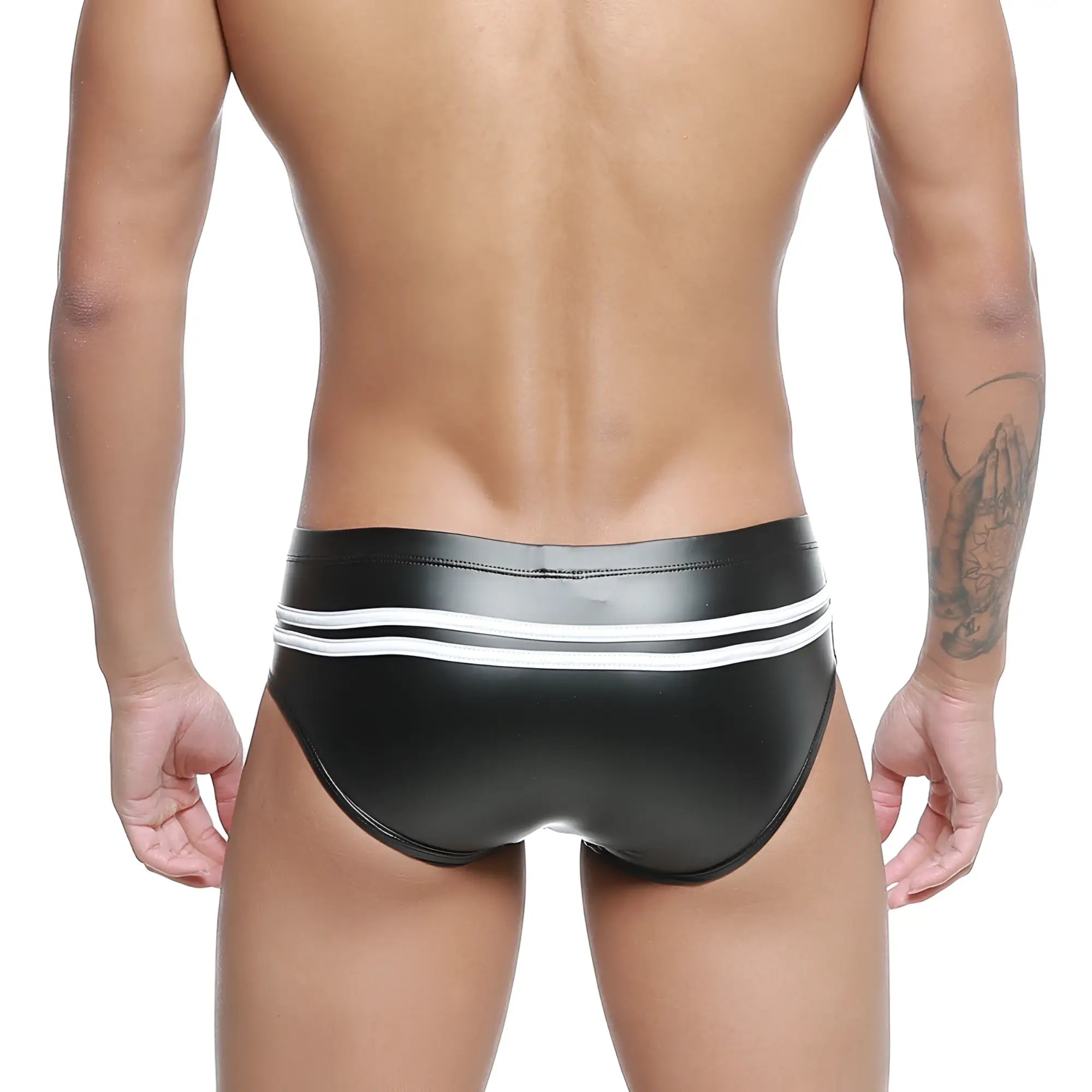 MetroMaleWear Alexander competition suit 4966-30 black shiny faux leather swim trunks with white waistband stripes