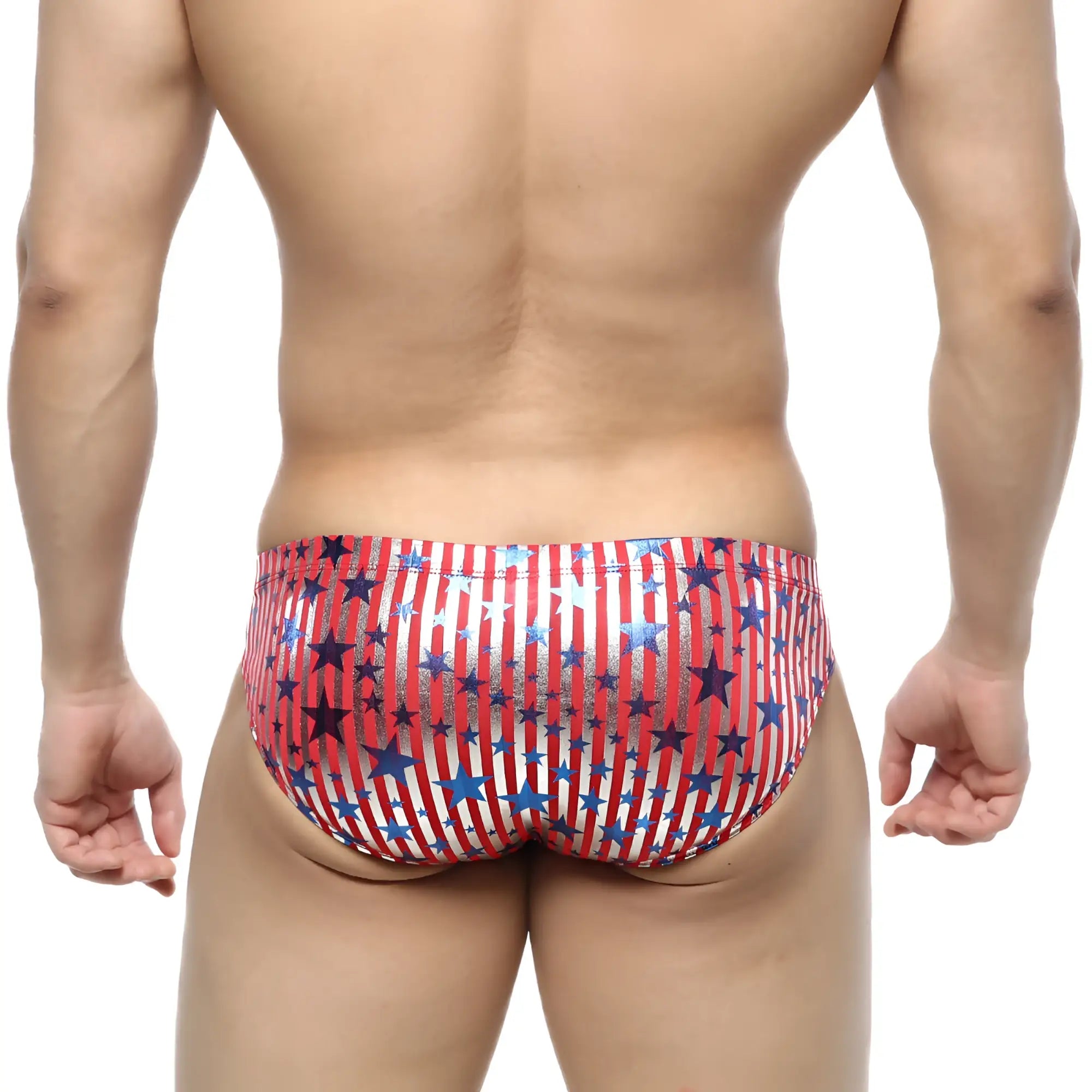 Metro male wear allstar bikini red 5103-54 swim trunks with red white and blue stripes and star pattern