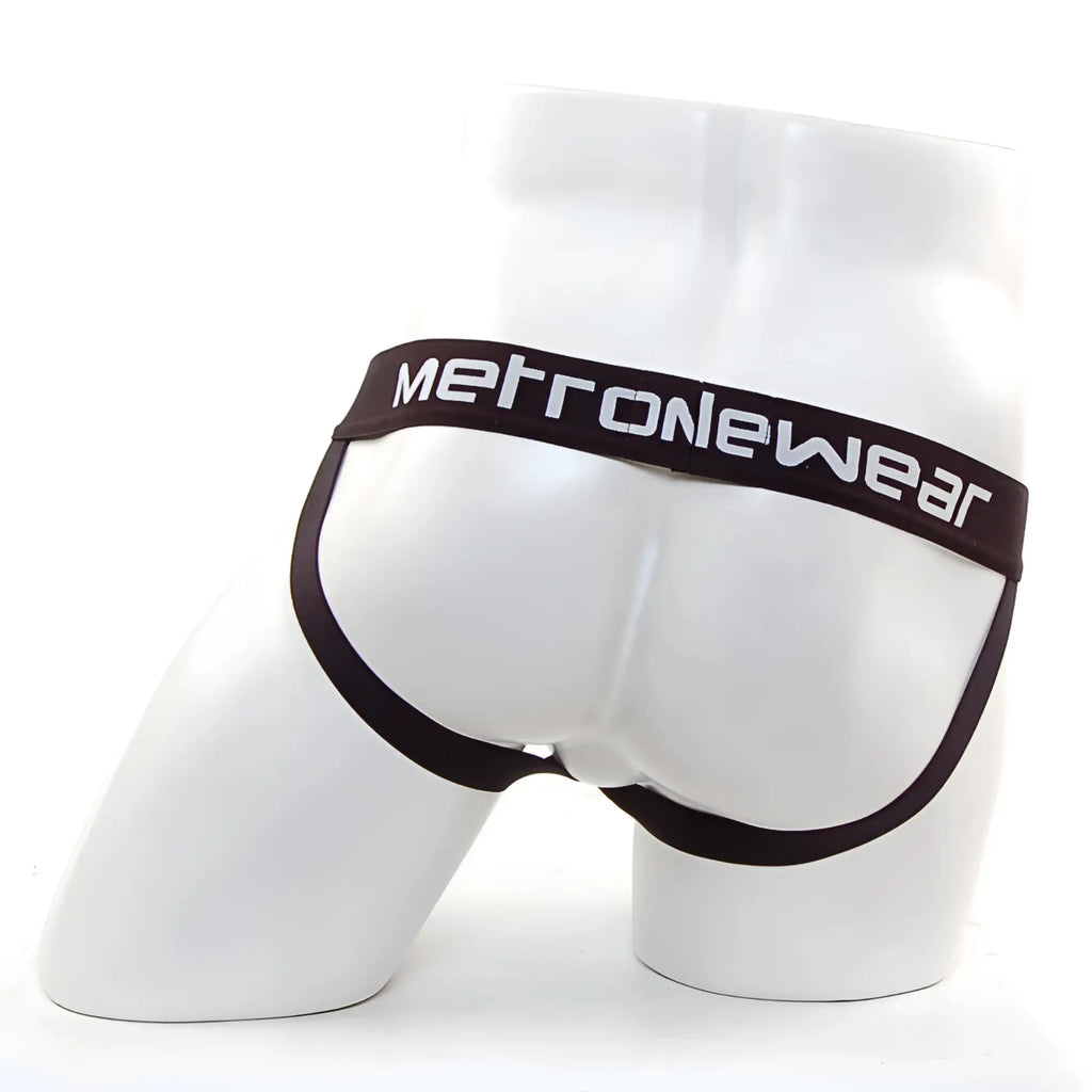 Black metronewear briefs with sleek form-fitting design and contrasting white waistband lettering front view