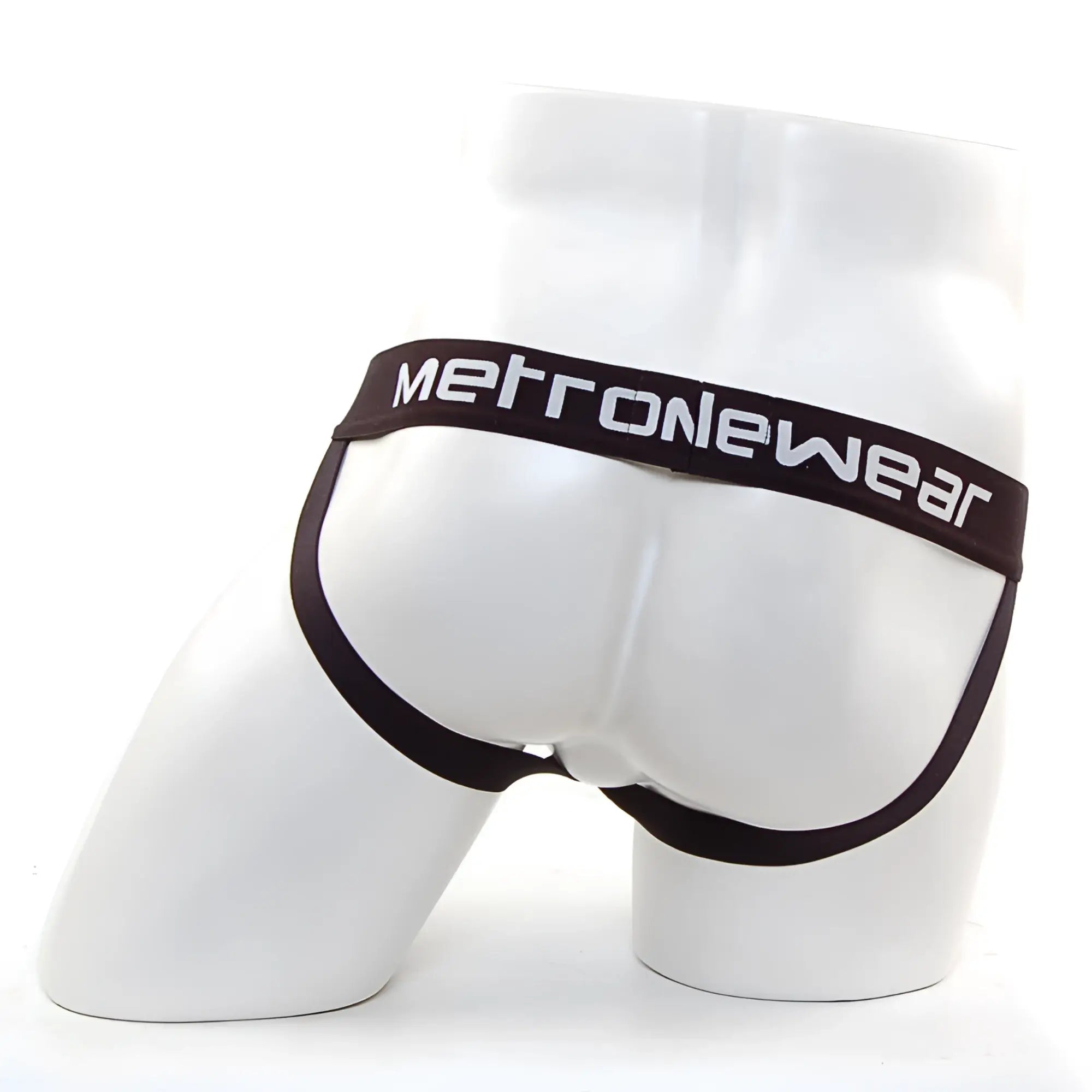 Black metronewear briefs with sleek form-fitting design and contrasting white waistband lettering front view