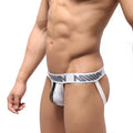 White athletic briefs MetroMaleWear Alma jock strap with gray logo band and black trim front view