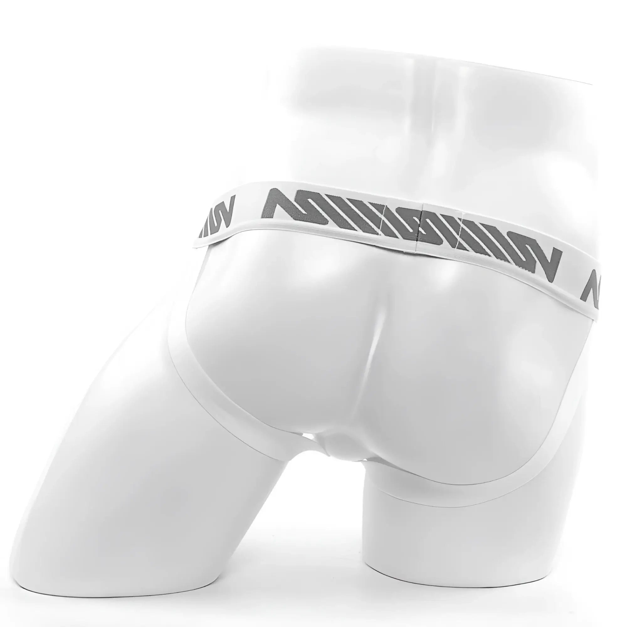 White mens briefs with gray ninjam logo band from metromalewear alma jock strap white 1101-00 collection