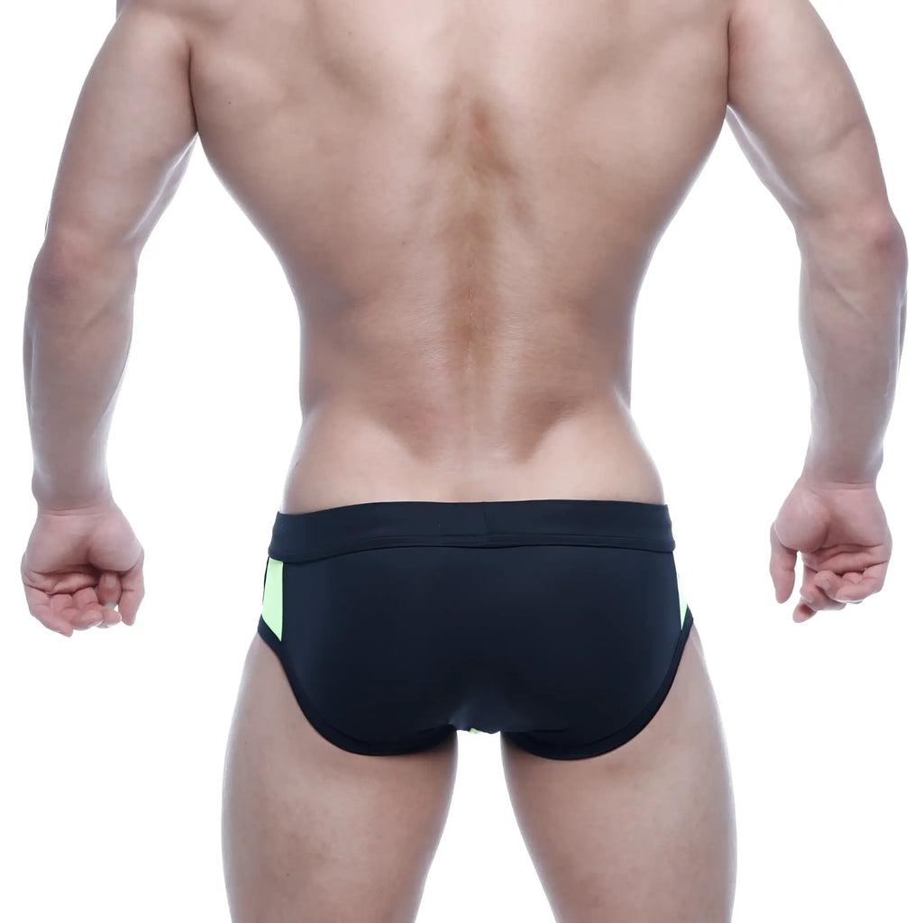 MetroMaleWear Alonzo swim brief green black trunks with neon green side panels for men beachwear