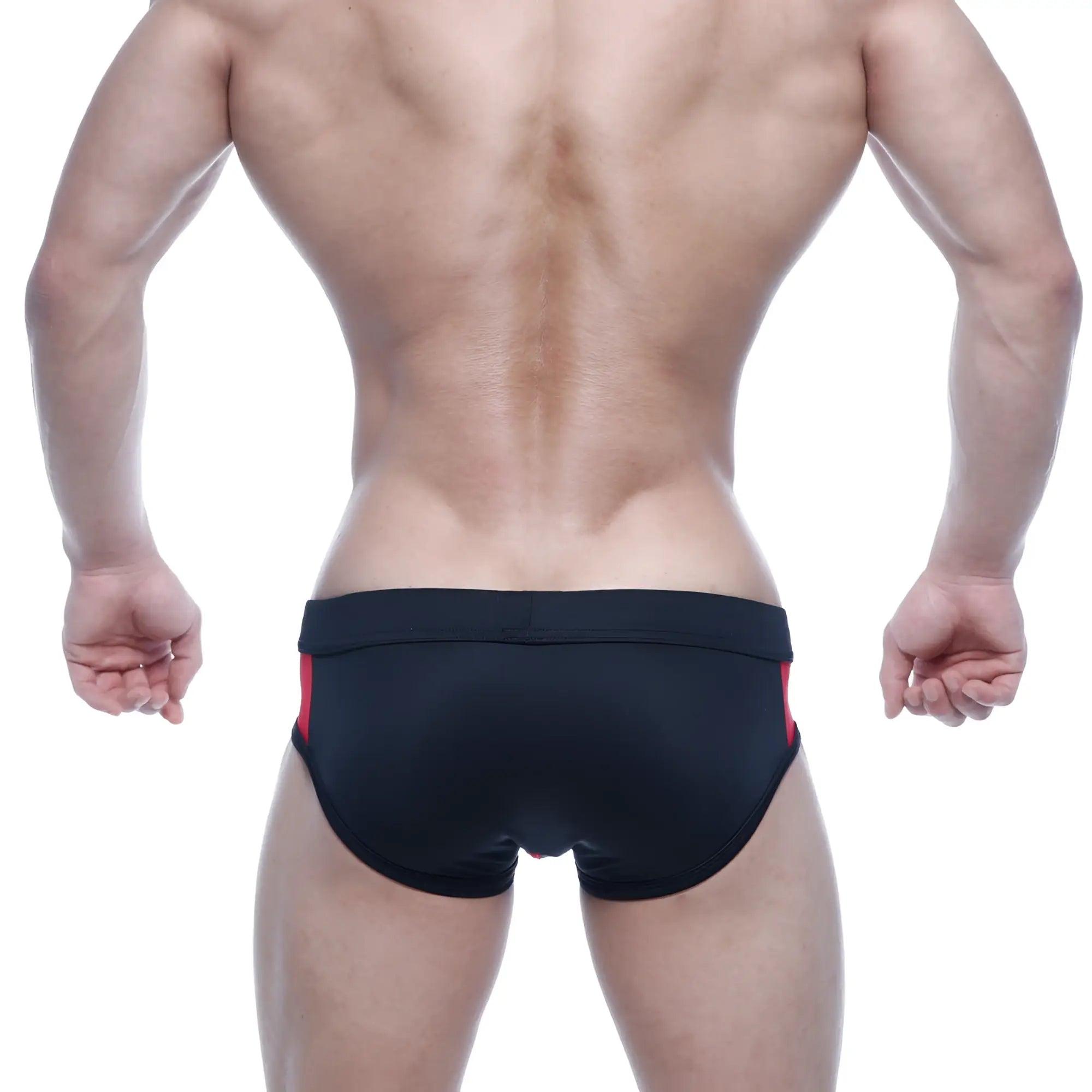 MetroMaleWear Alonzo swim brief in black with red side panels designed for comfortable swimming and beachwear