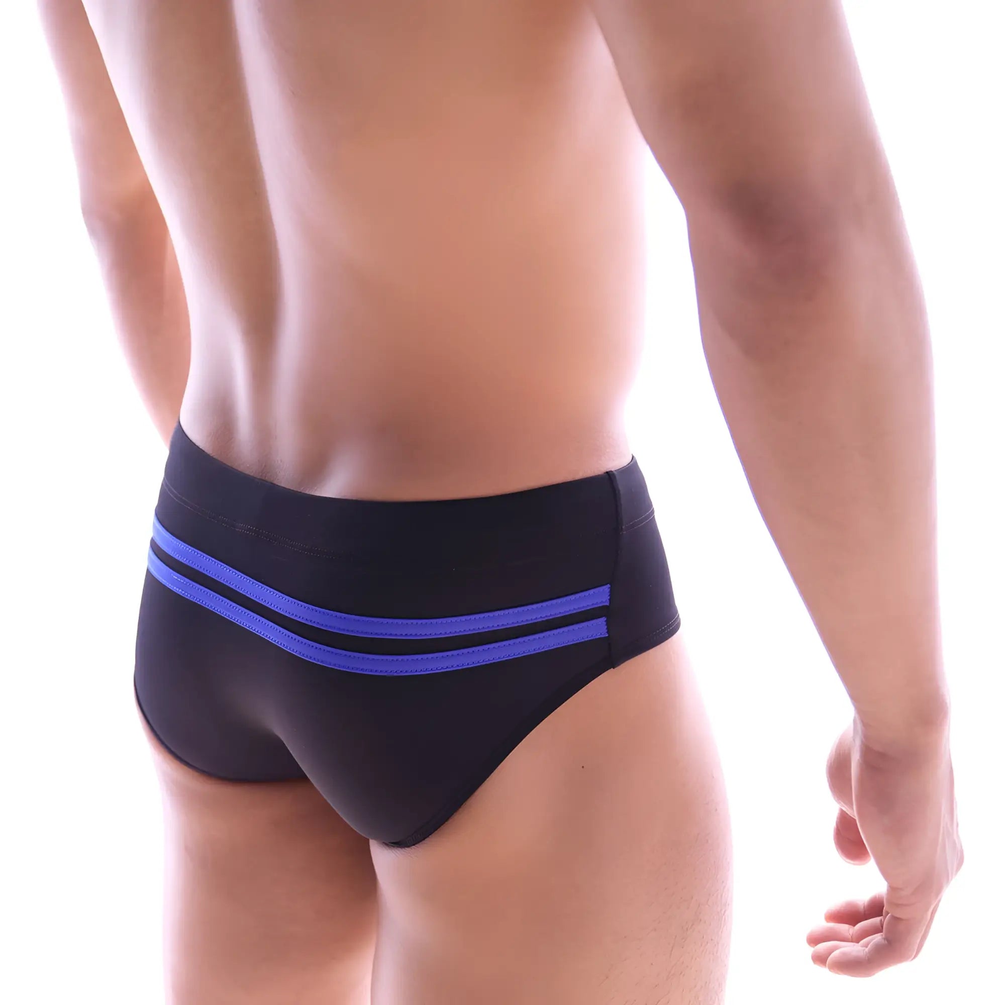 MetroMaleWear Alora black swim brief with bold blue waistband stripes, designed for stylish swimwear use