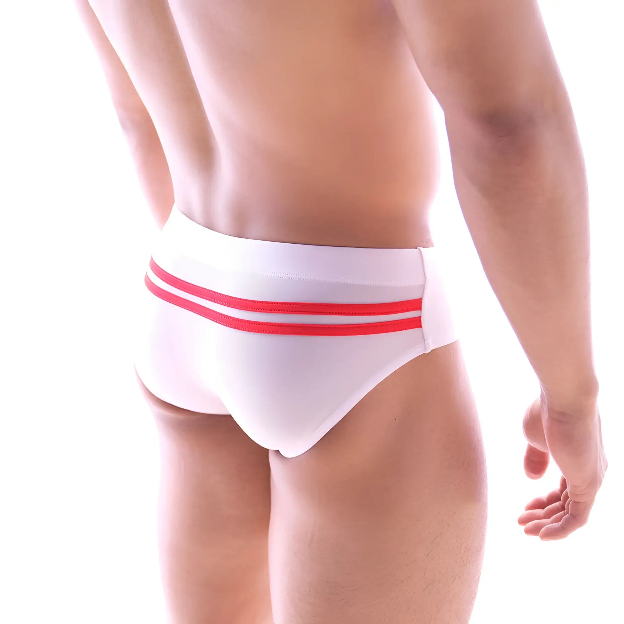 MetroMaleWear Alora swim brief white with two bold red stripes across the waistband for stylish swimwear