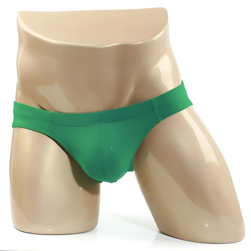 Metro male wear aluche bikini green briefs displayed on a mannequin showcasing the front side design