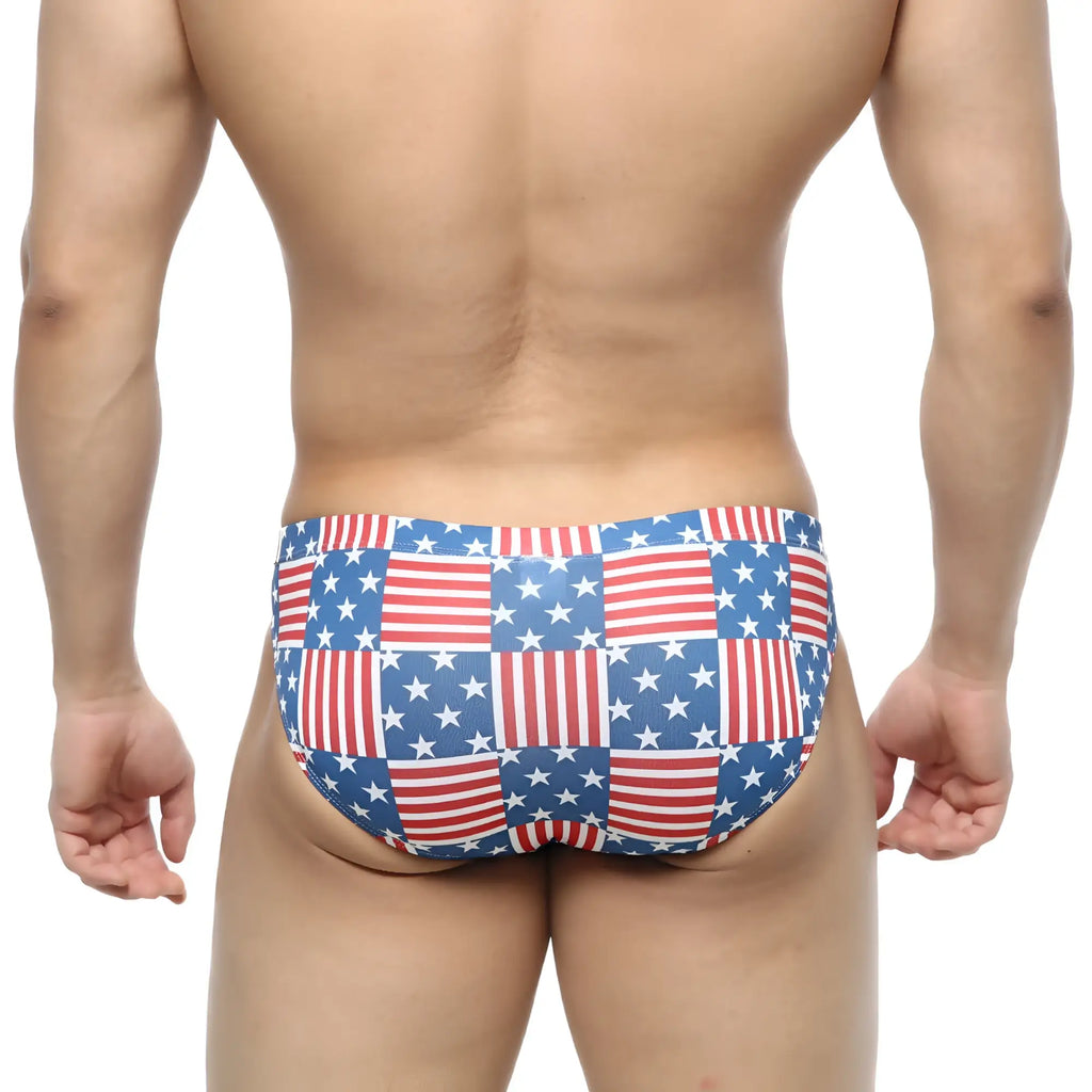 Metro male wear america bikini 5103-97 swim trunks with red white and blue patchwork american flag design