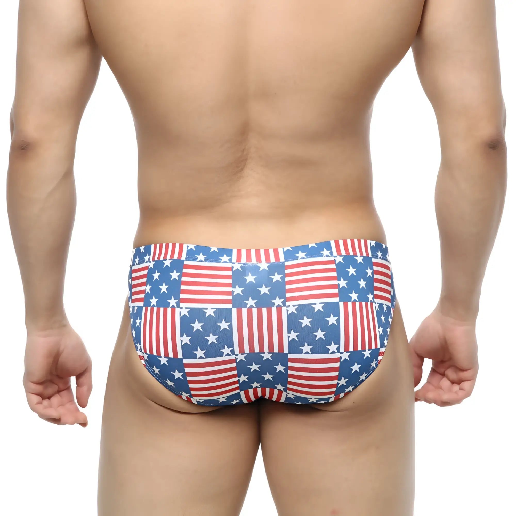 Metro male wear america bikini 5103-97 swim trunks with red white and blue patchwork american flag design