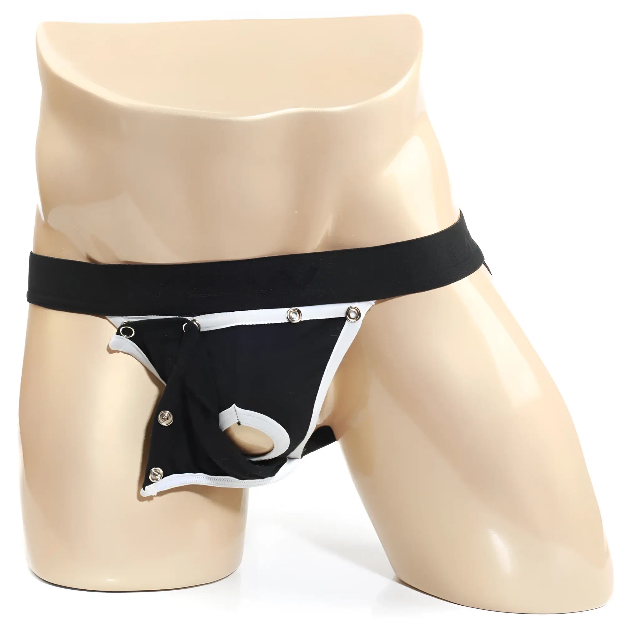MetroMaleWear American jock strap black and white snap front with central cutout for athletic support and comfort