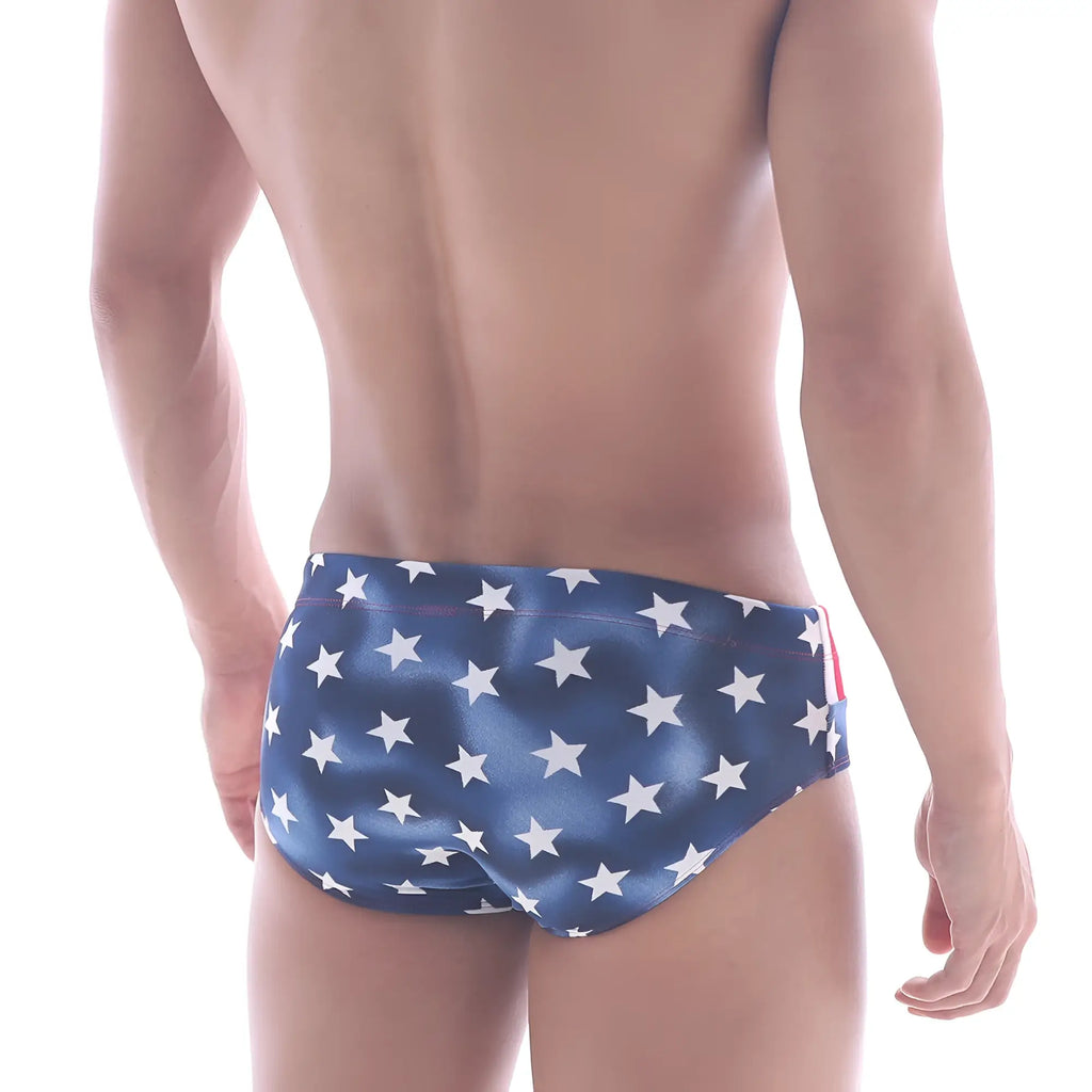 Blue swim trunks with white star pattern by metromalewear american swim brief 4928-90 for beachwear