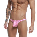 Pink and white gingham patterned men’s thong with red brand tag on waistband by MetroMaleWear angosto thong plaid 1232-60