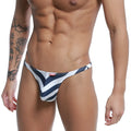 Navy and white striped metro malewear angosto thong 1232-50 with red brand tag front view